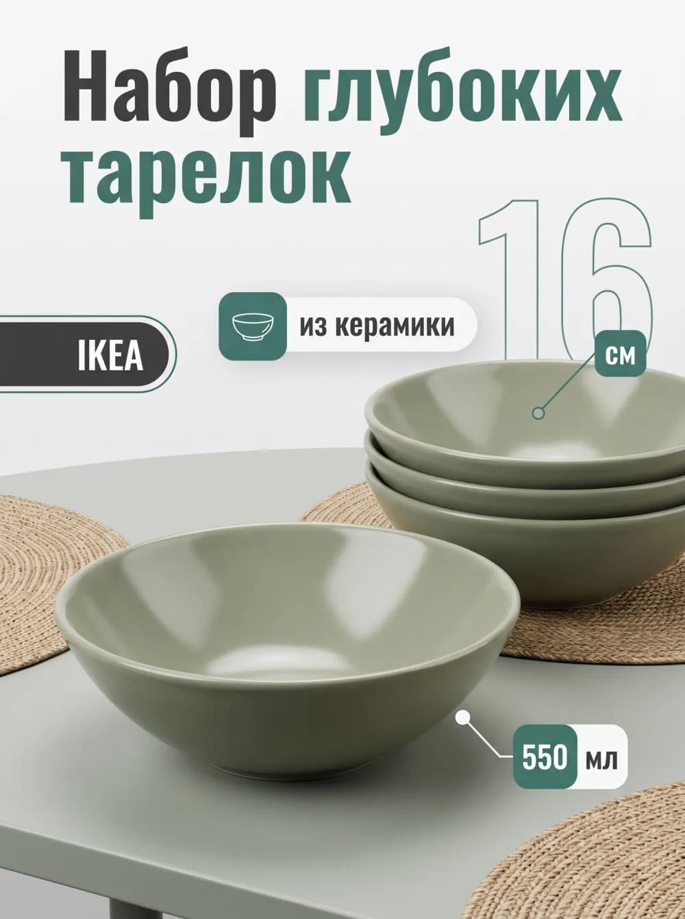 Карточка товара Набор глубоких тарелок, 16 см, сгенерирована нейросетью для Вайлдберриз