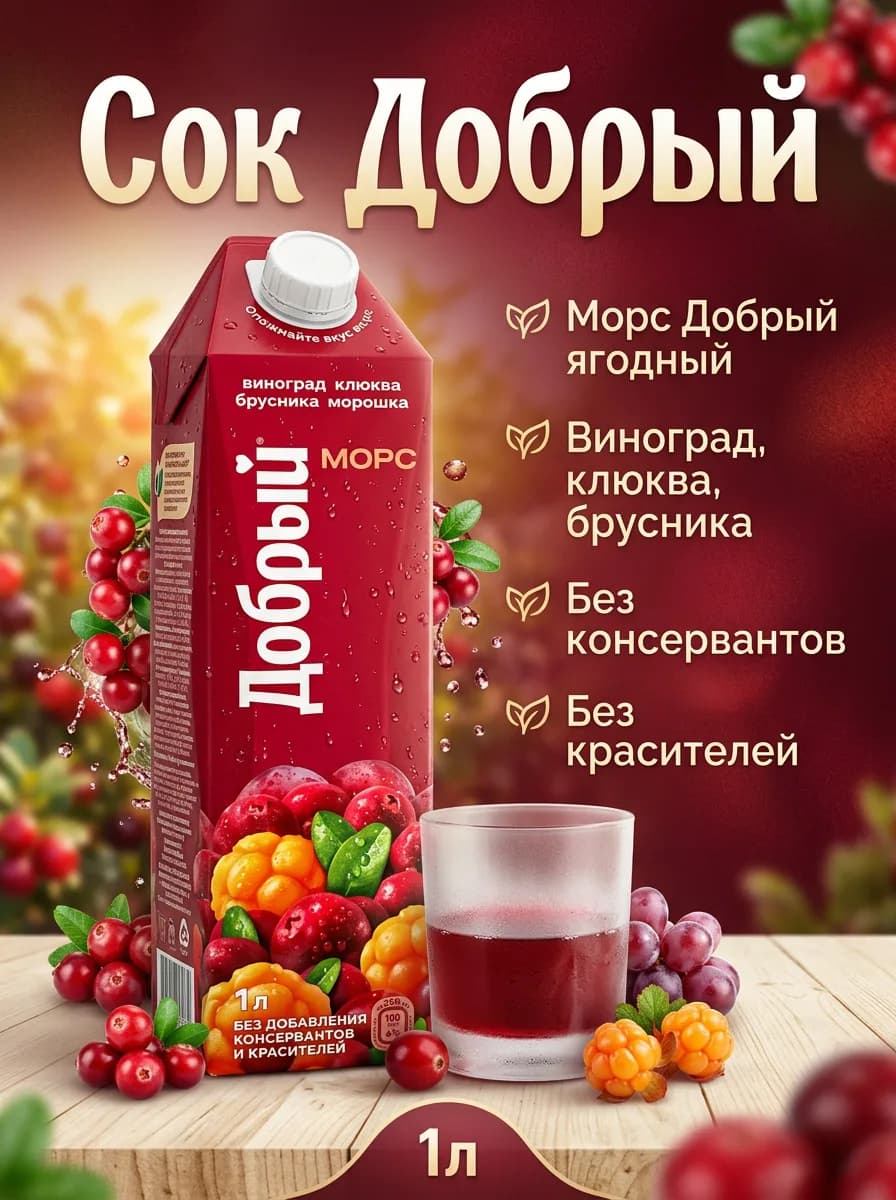 Карточка товара Морс «Добрый» ягодный, 1 л, сгенерирована нейросетью для Озон