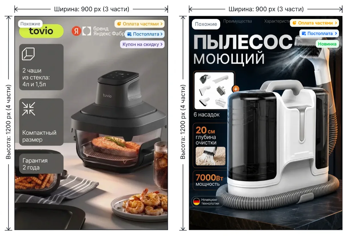 Схема пропорций 3:4 с размерами 900×1200 px на примере двух карточек