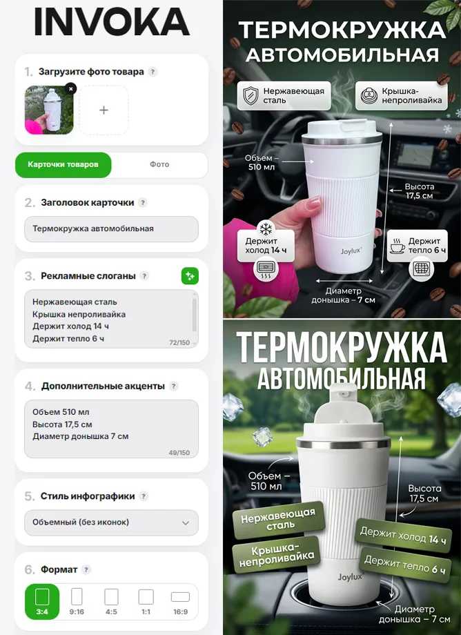 Интерфейс INVOKA: 6 шагов создания карточки (загрузка фото товара, заголовок карточки, рекламные слоганы, дополнительные акценты, стиль инфографики "Объемный без иконок", выбор формата 3:4 выделен зеленым) и результат справа - термокружка с инфографикой