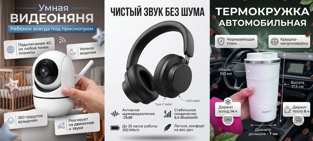 Примеры трёх товаров: видеоняня, наушники, термокружка - разные подходы к инфографике